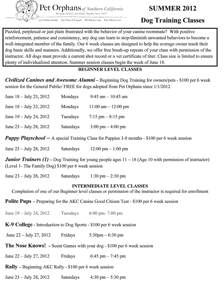 Pet Orphans of Southern California Summer Dog Training Schedule